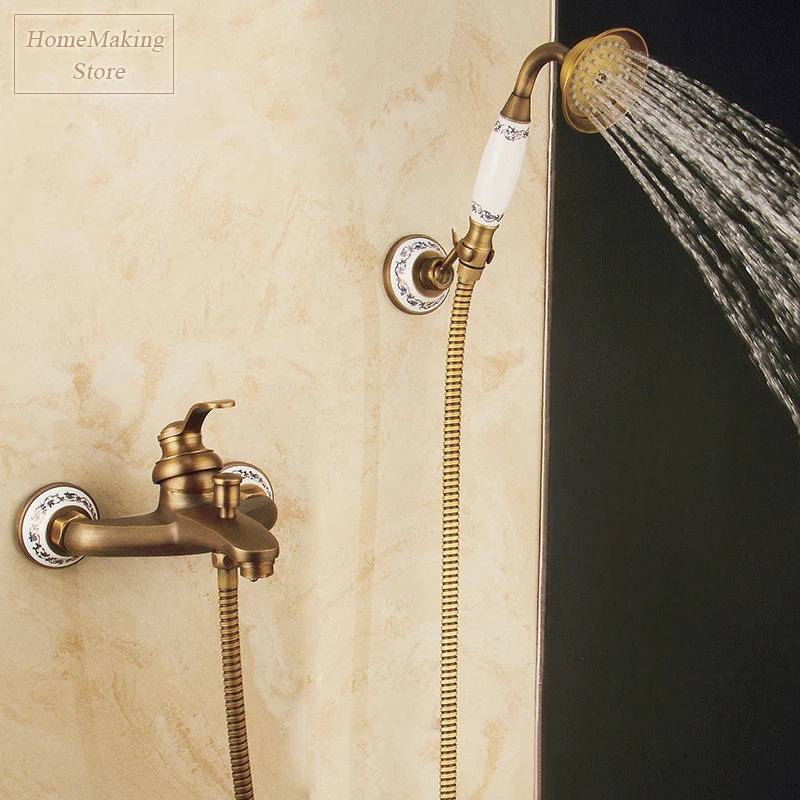 Смеситель для душа в европейском ретро стиле настенный античный латунный кран