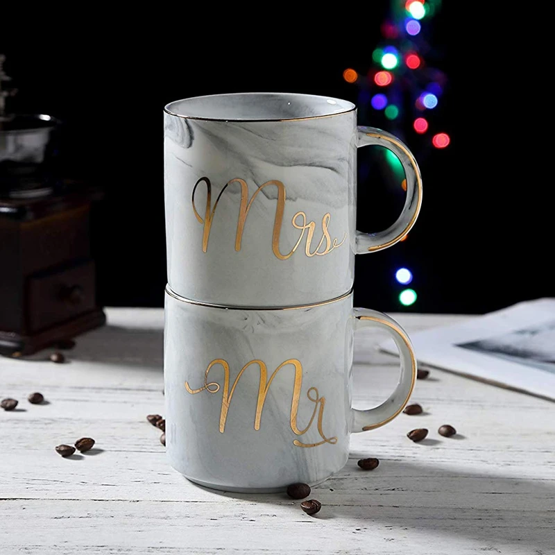 Промо акция! Набор кофейных кружек: мистер и миссис мраморные цветные