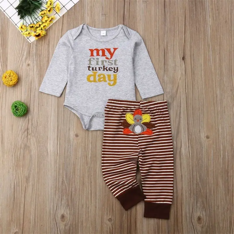 2019 Brand Cotton Infant Newborn Baby Boy Girls Letter Tops Romper Turkey Striped Long Pants Outfits Set Thanksgiving Clothes | Детская