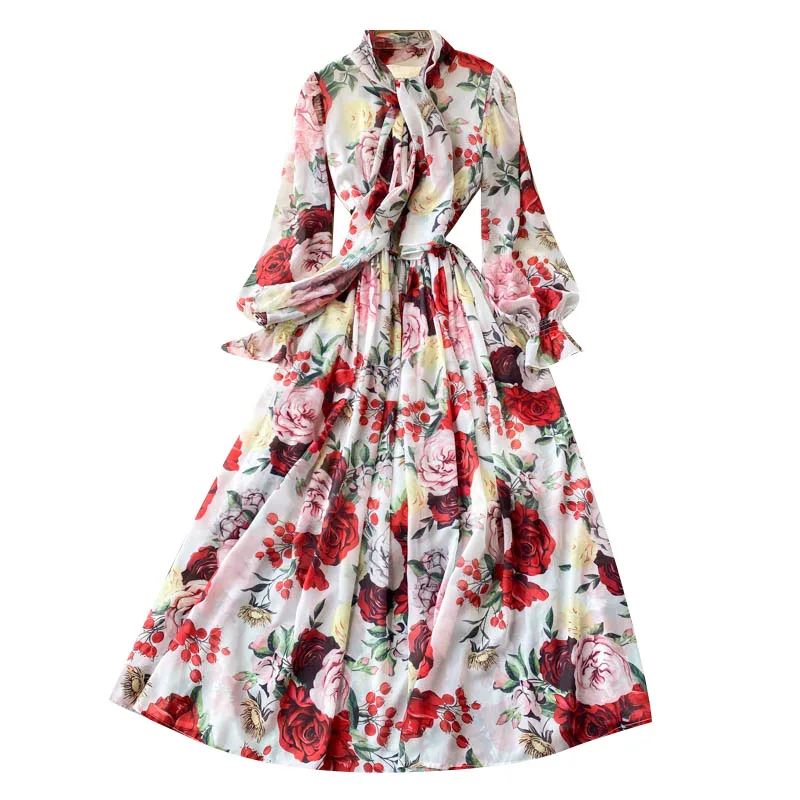 

Summer Women's Dress Scarf Collar Puff Sleeve Slim Long Skirt High Quality Runway Printed Big Swing Long Skirt