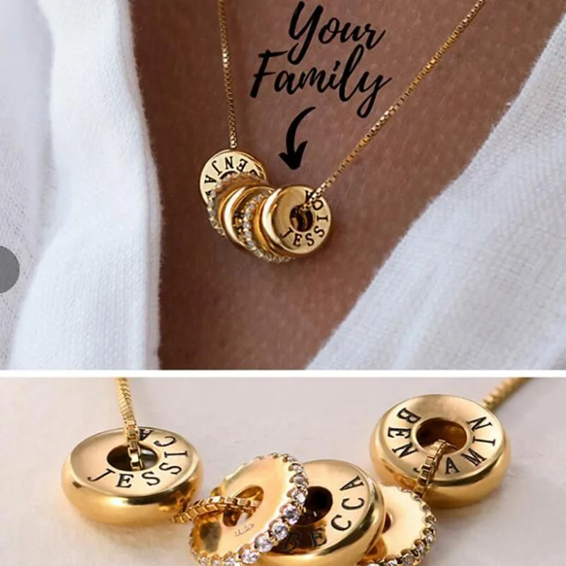 304 Personalized Stainless Steel Custom Engraved Bead Necklace in Gold/silvertone Circle Family Necklace Mothers Day Gift IS-4V