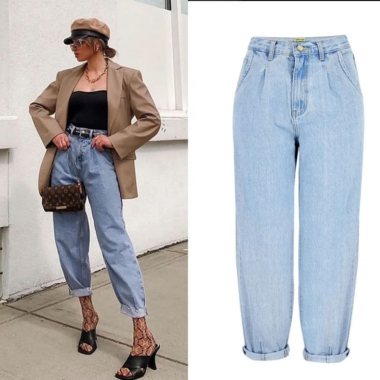 

High Quality Women Casual Streetwear High Waist Cotton Loose Harem Loose Angkle Length Denim Baggy Mom Jeans