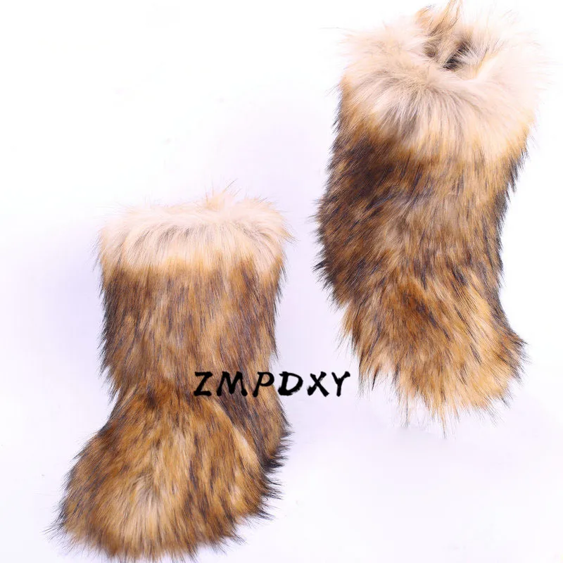 Зимние женские меховые ботильоны из искусственного лисьего меха высокие зимние