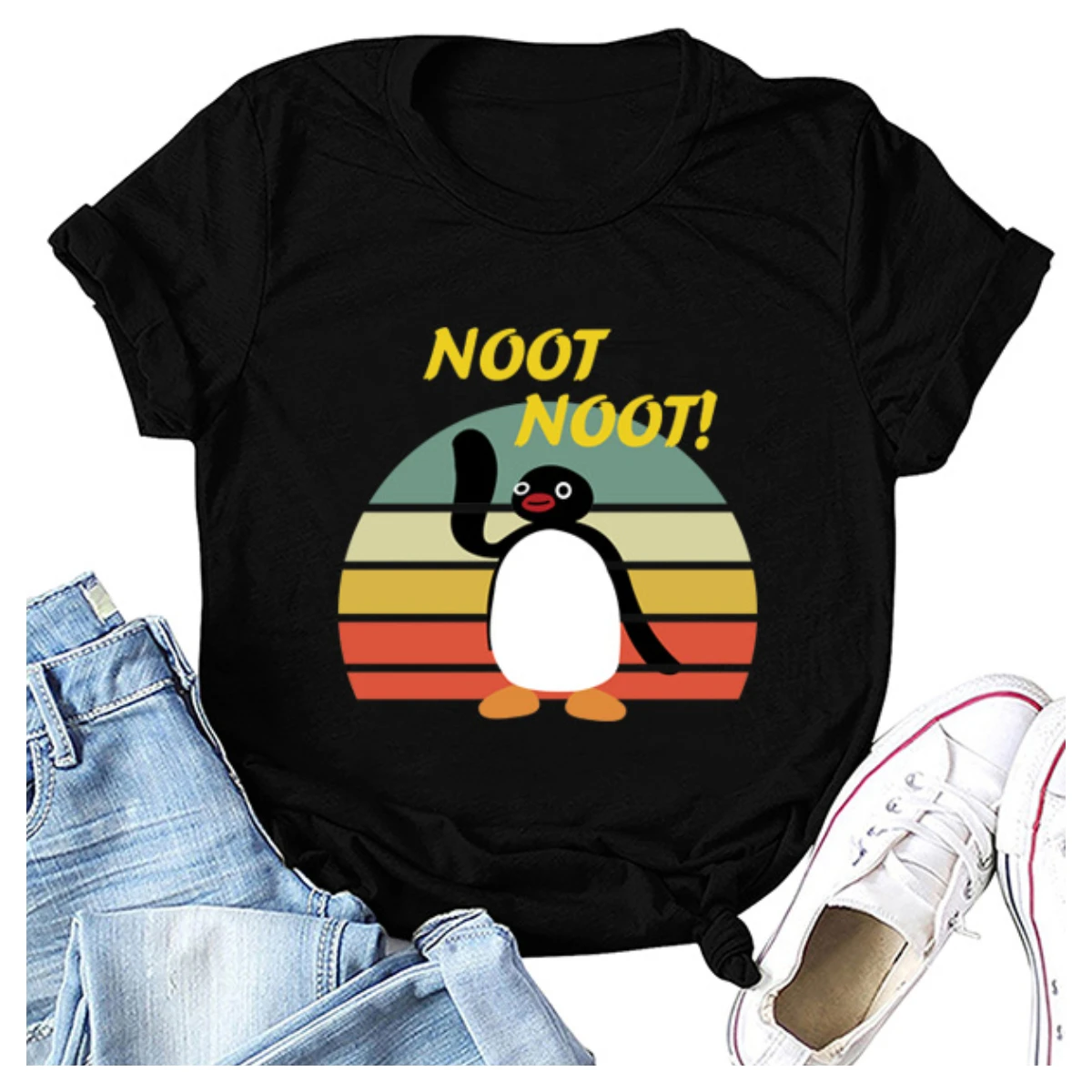 

Women's Shirts Creative Penguin NOOT NOOT Round Neck Tshirts 2021 New Casual Short Sleeve Tee Female Cartoon T-shirt