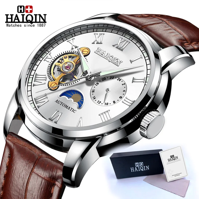 Silver White HAIQIN водонепроницаемые мужские часы с скелетом из нержавеющей стали, роскошные брендовые прозрачные механические Спортивные мужские наручные часы - Цвет: Silver White