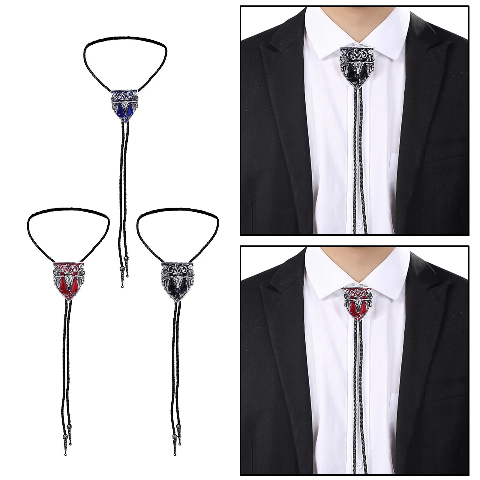 

Bull Head Men Bolo Tie Wedding Necklace PU Leather Rope Western Cowboy