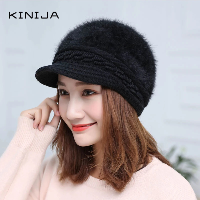Зимние теплые женские вязаные шапки бини шапка из кроличьего меха теплая и
