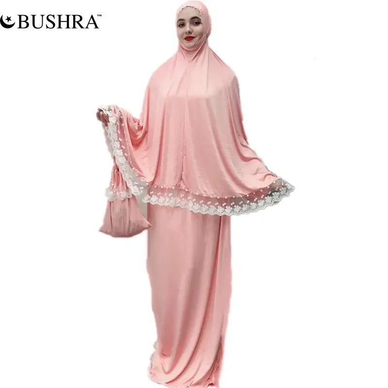 

BUSHRA Muslim Two Piece Set Women Prayer Garment Ramadan Musulman Ensembles Robe Lace Maxi Skirts Kaftan Islamic Khimar Dress