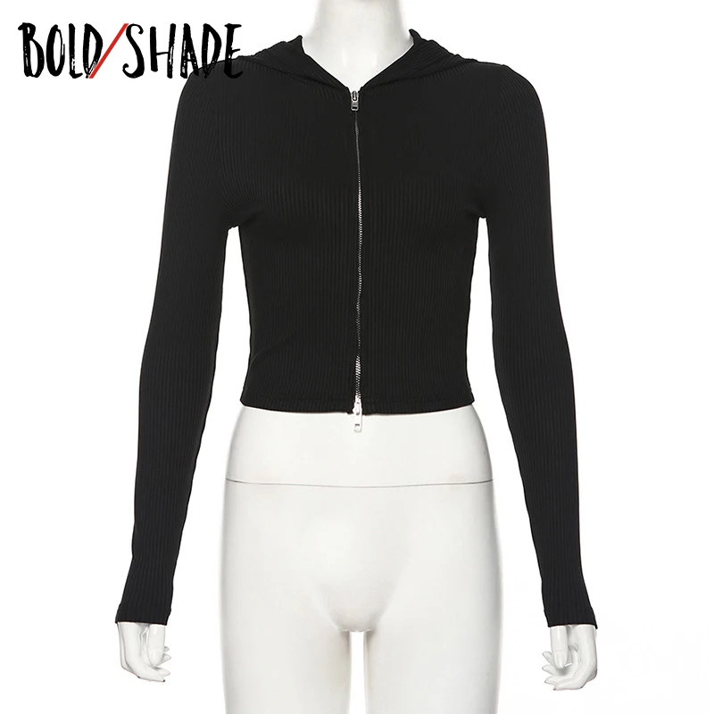 

Bold Shade Ribbed Solid Hooded Tee Zipper Long Sleeve Streetwear Fashion 90s Crop Tees Women Autumn Slim Korean Style Tshirts
