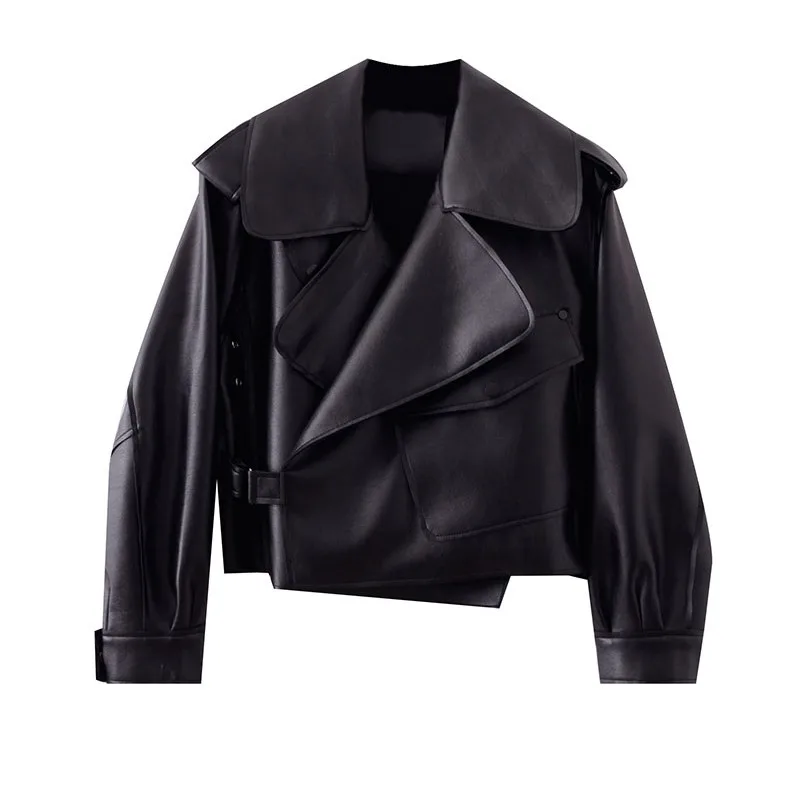 

2020 Women Faux Leather Jacket Soft Loose Biker Coat Female Short Motorcycle Black White Jacket High Street Leather Coat