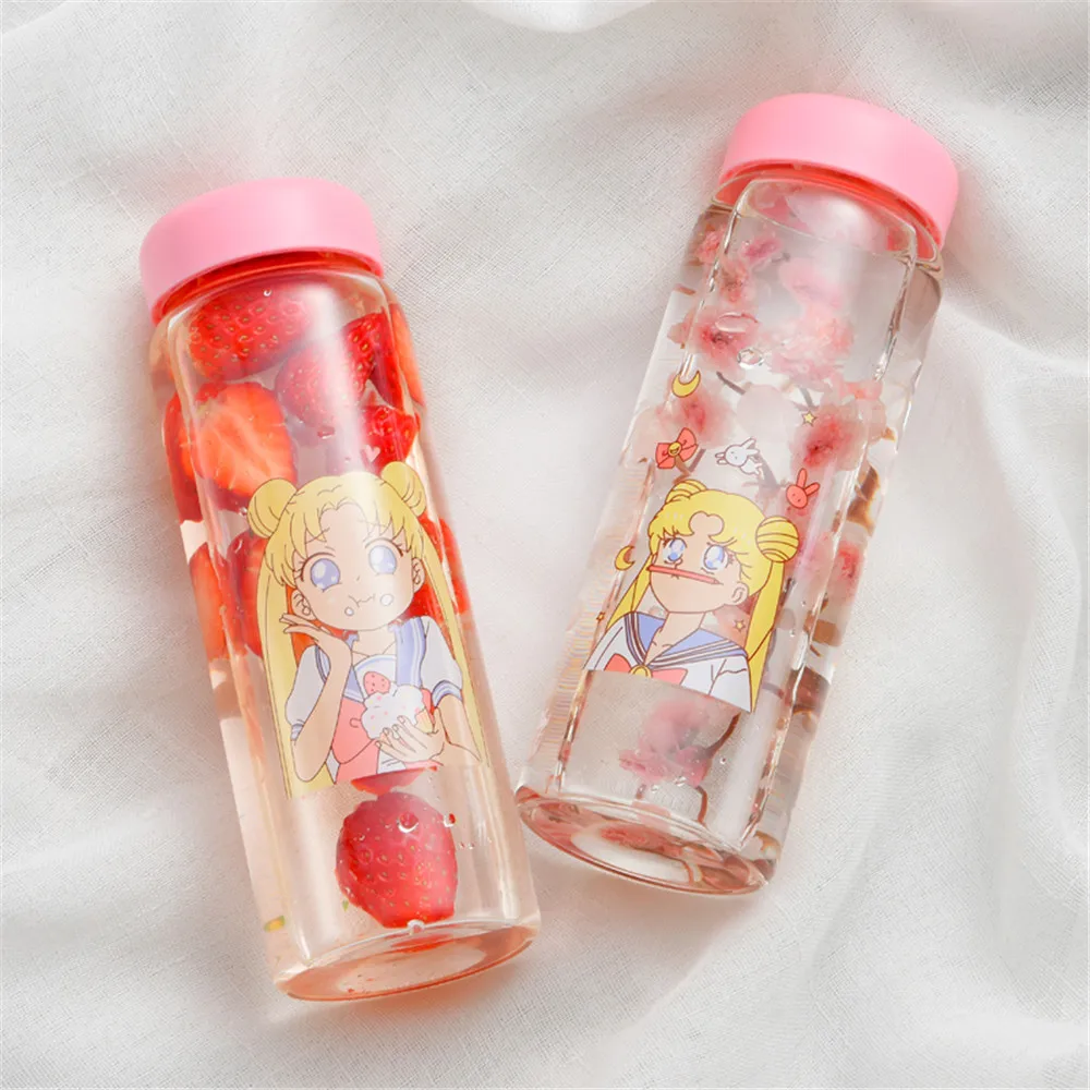 

Japanese Cute Cartoon Girl Glass Water Bottles Chic 450ml Leak-proof Drink Bottles with Insulated Cover Portable Milk Coffee Cup