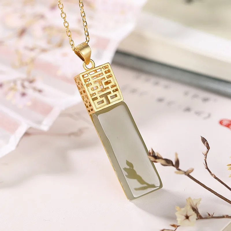 

S925 Sterling Silver Gold-plated Natural Hetian Jade Double Happiness Women Pendant Temperament Lady Necklace Jewelry H0016