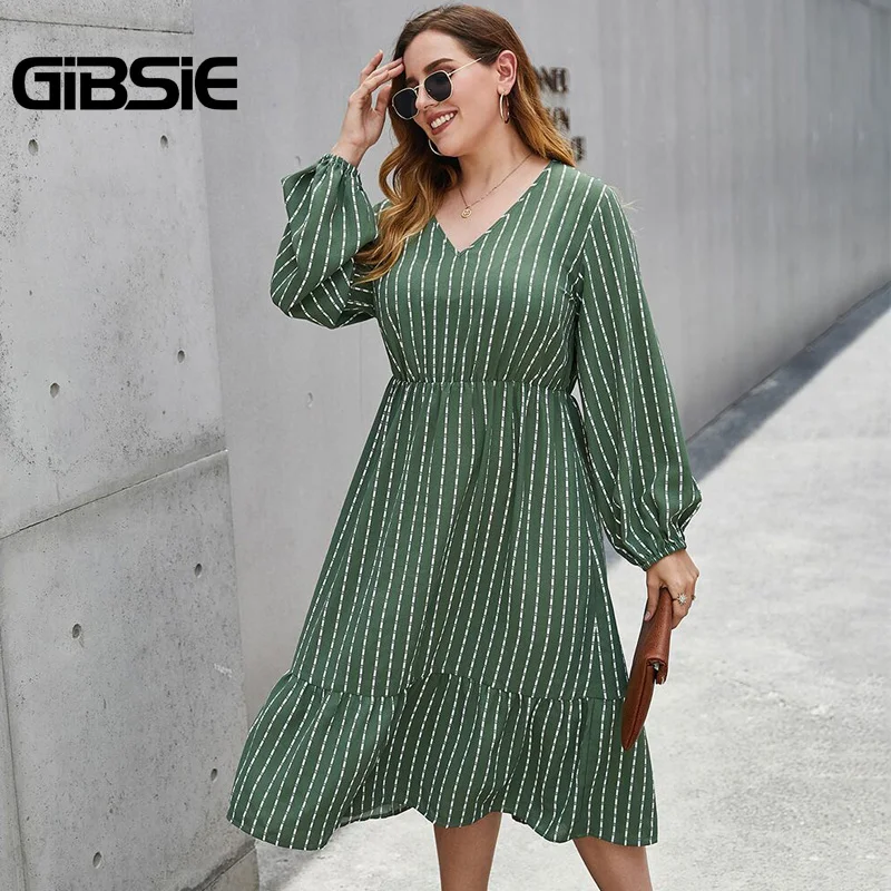 Женское платье в полоску GIBSIE свободное с оборками размера плюс v образным вырезом