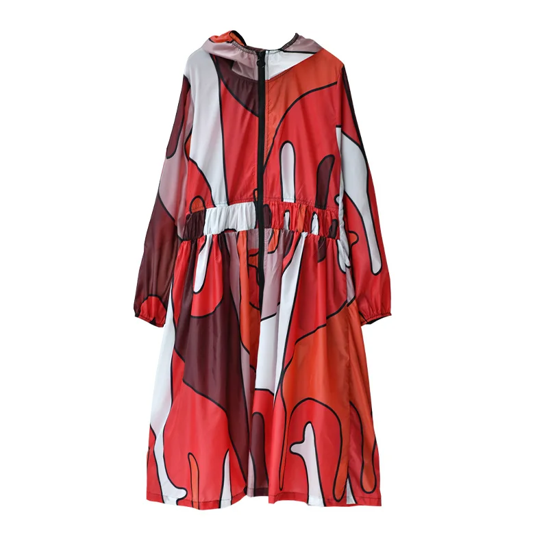 

W0366C Korean version fashion color matching print loose slim medium - long hooded sunshade coat