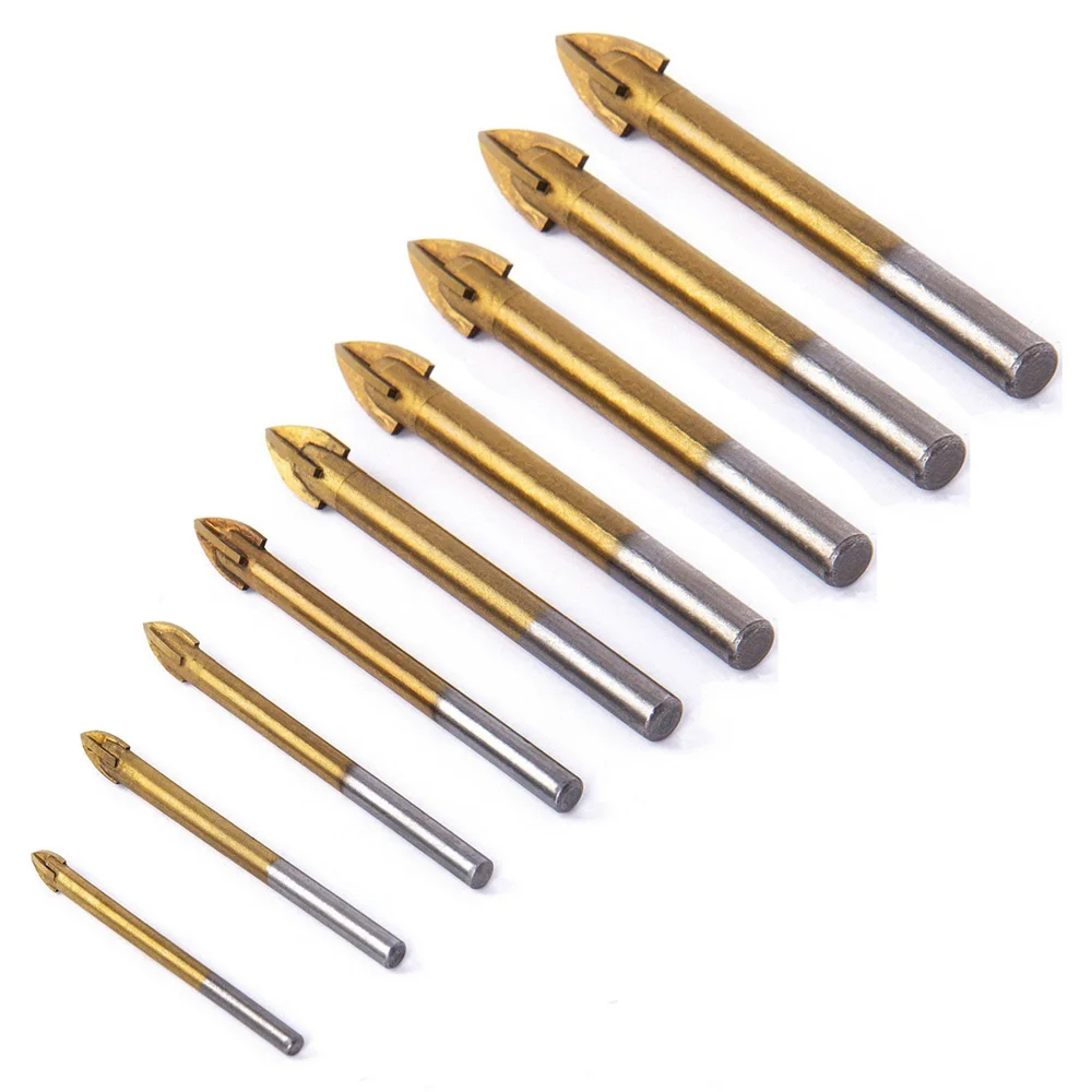 

9pcs Multifunctional Triangle Glass Drill Bit Set Round Shank Titanium Coat for Ceramic Tile Marble Cross Tipped Hole Saws