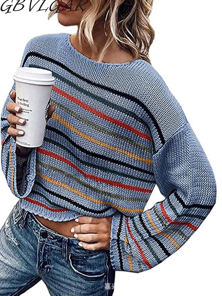 

Multicolor Striped Women Sweaters And Pullovers Knitwear Long Sleeve Loose Jumper Pull Femme Winter Ladies Plus Size Sweater