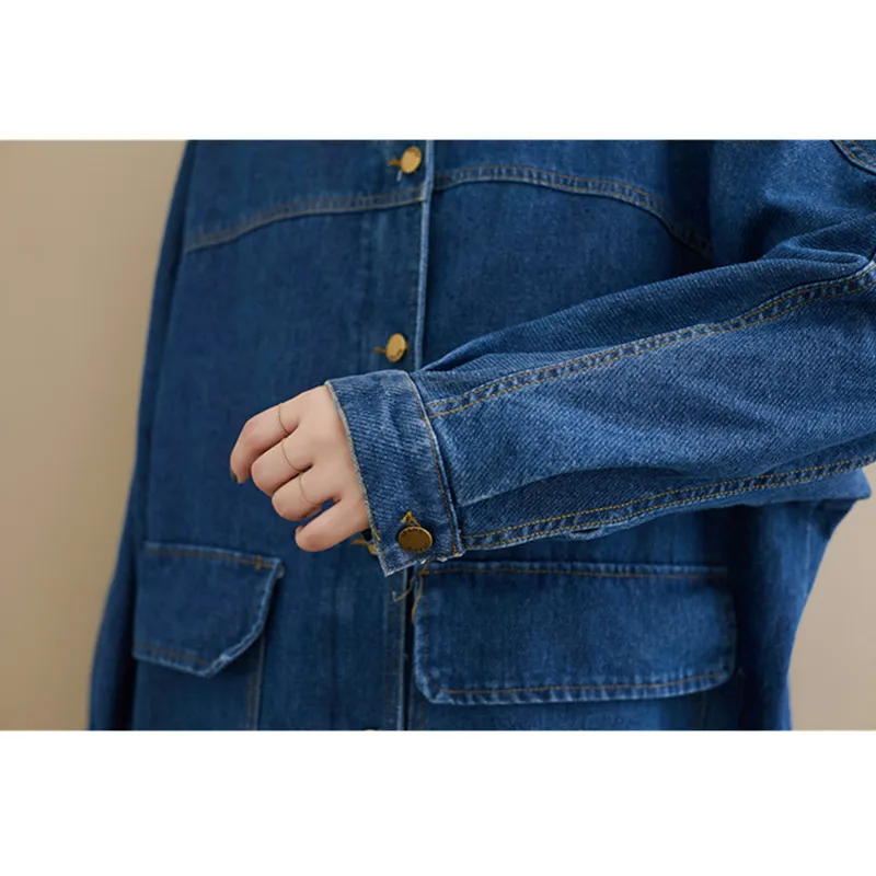

Plus Size Denim Jacket Women Oversize Clothes 2021 Spring Autumn Blue Warm Stand-Up Collar Mid-Length Cardigan Outerwear Female