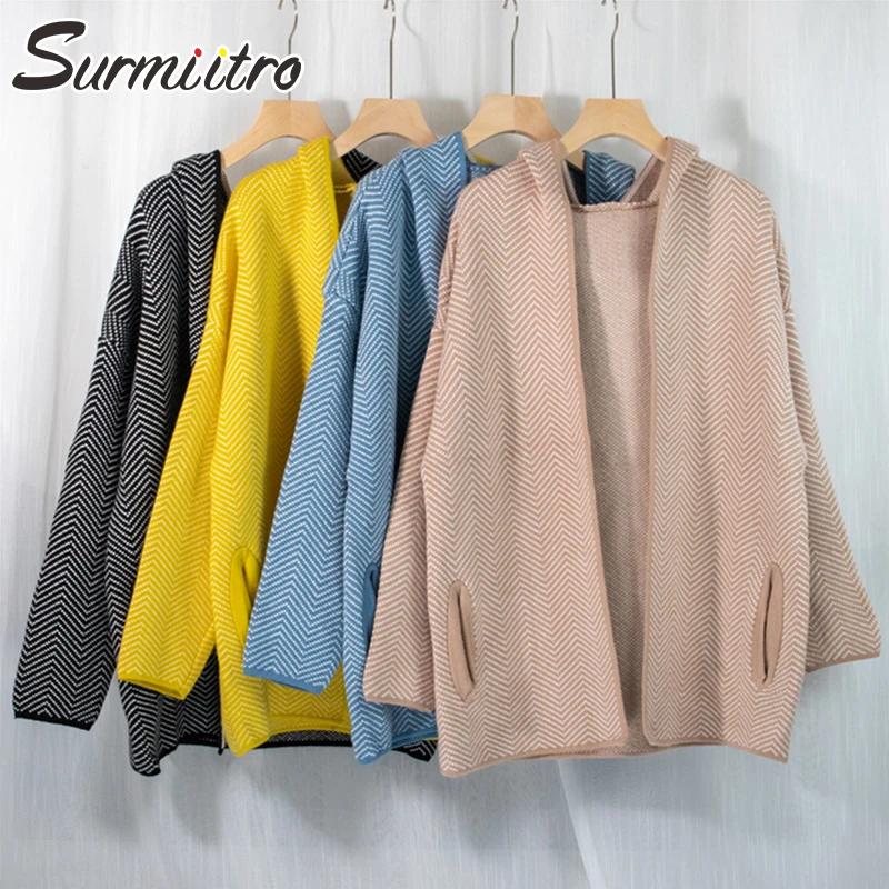 

SURMIITRO толстый теплый вязаный кардиган оверсайз с капюшоном для женщин 2021 осень зима корейский полосатый длинный рукав женский свитер куртк...