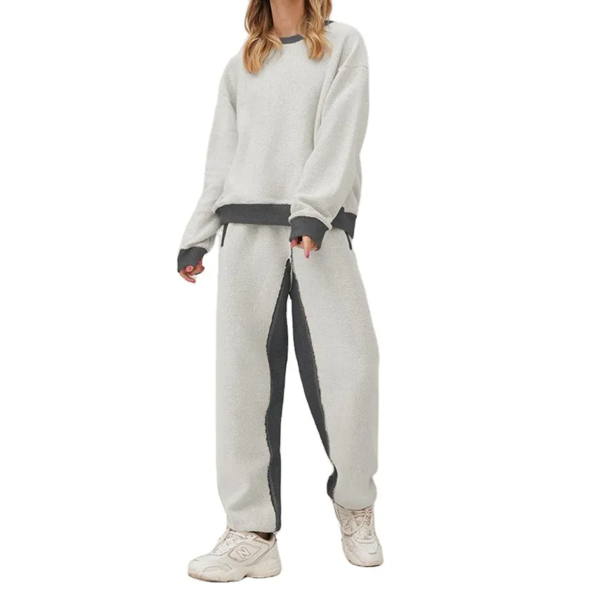 

Harun pants Design Sense Sweater Two piece Fashion Splicing Contrast Color Casual 2020 2pcs Women's Suit Autumn and Winter