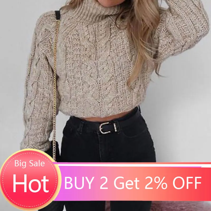 Женский сексуальный короткий свитер Осенний вязаный с высоким воротом зимние