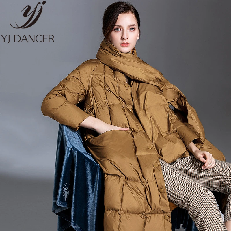 Женский пуховик толстый Повседневный длинный на белом утином пуху с шарфом