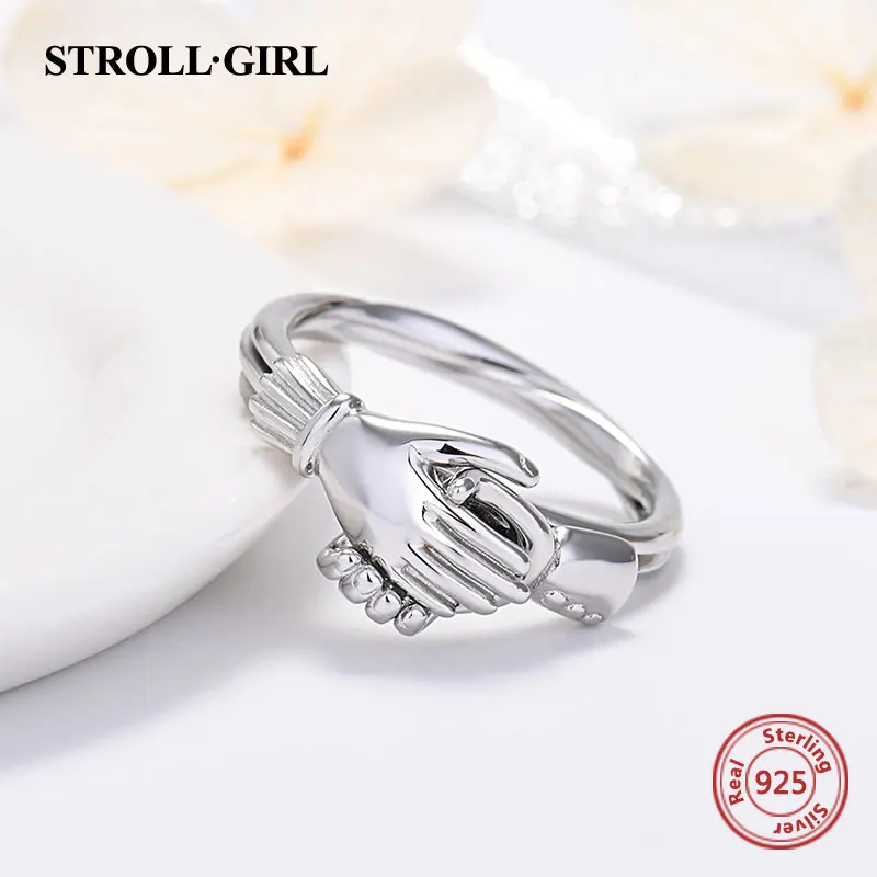 

925 Sterling Silver Hand in Hand Finger Rings Can Opened Heart Love Red Zircon Rings For Women 2021 Fine Jewelry Valentines Gift