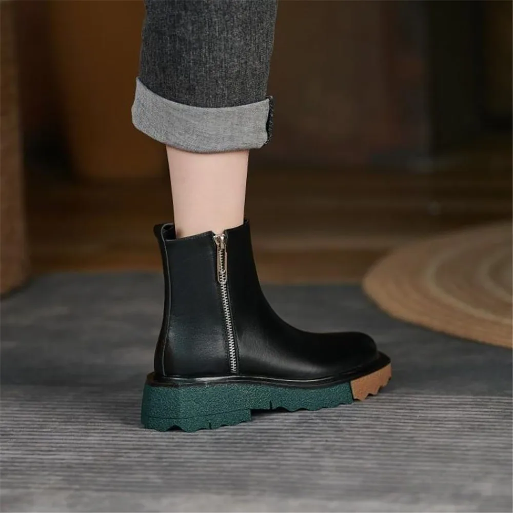 New Women Chelsea Booties Female Pu Leather Autumn Ankle Boots Ladies Fashion Round Toe Non-Slip Platform Side Zip Shoes 35-40
