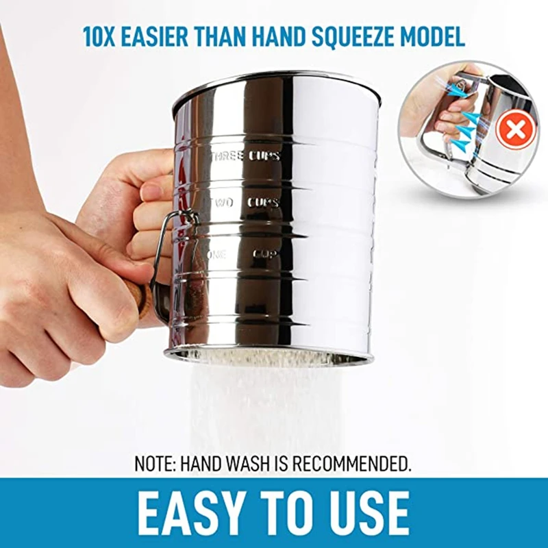 3 Cup Stainless Steel Flour Sifter - Fine Mesh Rotary Hand Crank With Agitator Wire Loop For Baking Cakes |