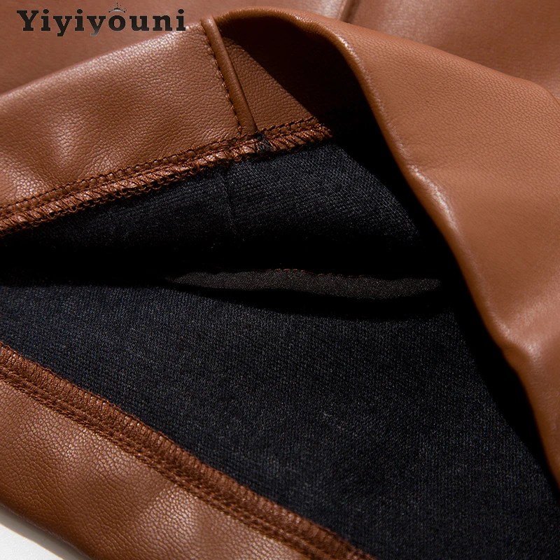 

Yiyiyouni Casual High Waist PU Leather Shorts Women Pocket Loose Wide Leg Shorts Female Spring Button Straight Black Shorts 2021