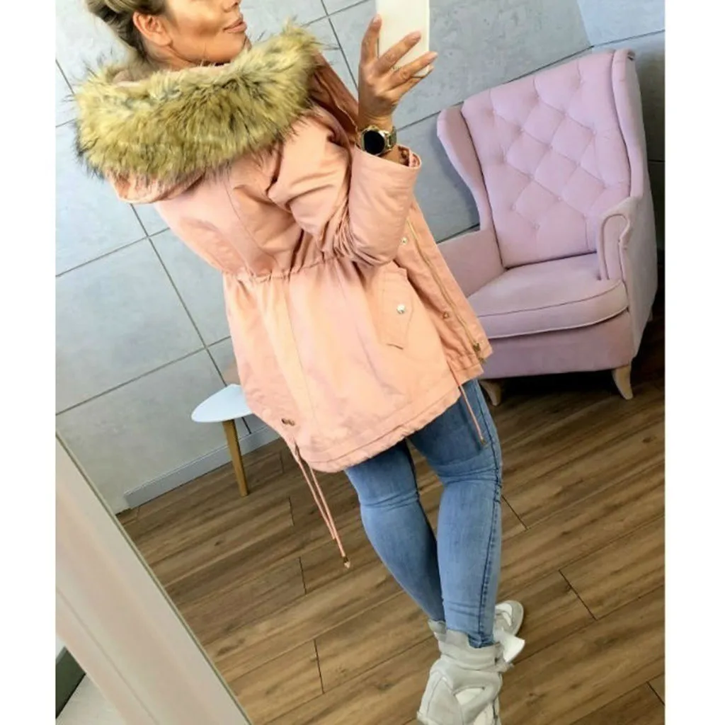 Женская куртка с капюшоном зимняя теплая длинным рукавом из искусственного меха