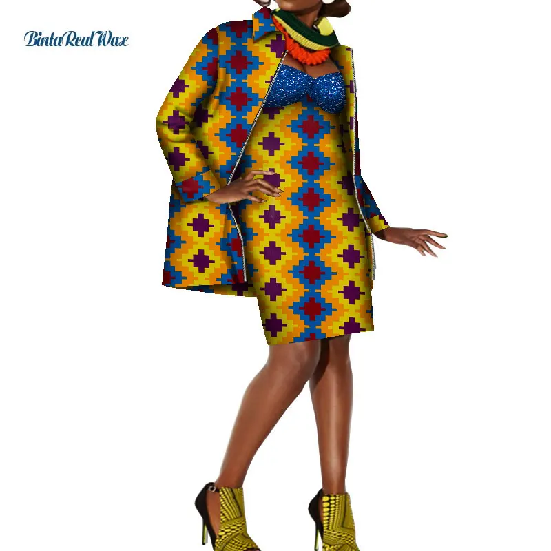 2 Pcs Coat and Dress Sets African Dresses for Women Knee Length Vestidos Bazin Riche Ankara Coat Jacket African Clothes WY8411