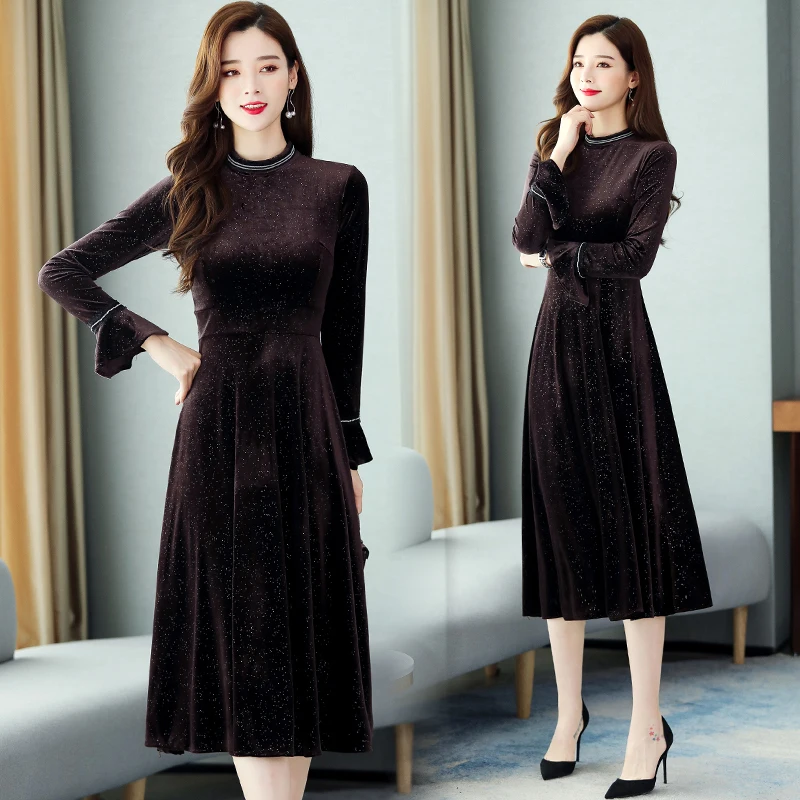 Модные золотые бархатные платья женские вечерние осень зима темперамент Тонкий