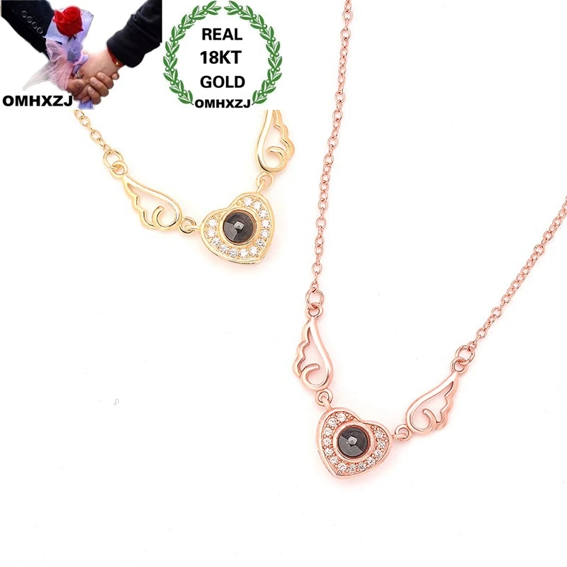 

OMHXZJ Wholesale European Fashion Woman Girl Party Birthday Gift Heart LOVE Projecting Zircon 18KT Gold Pendant Necklace NA225