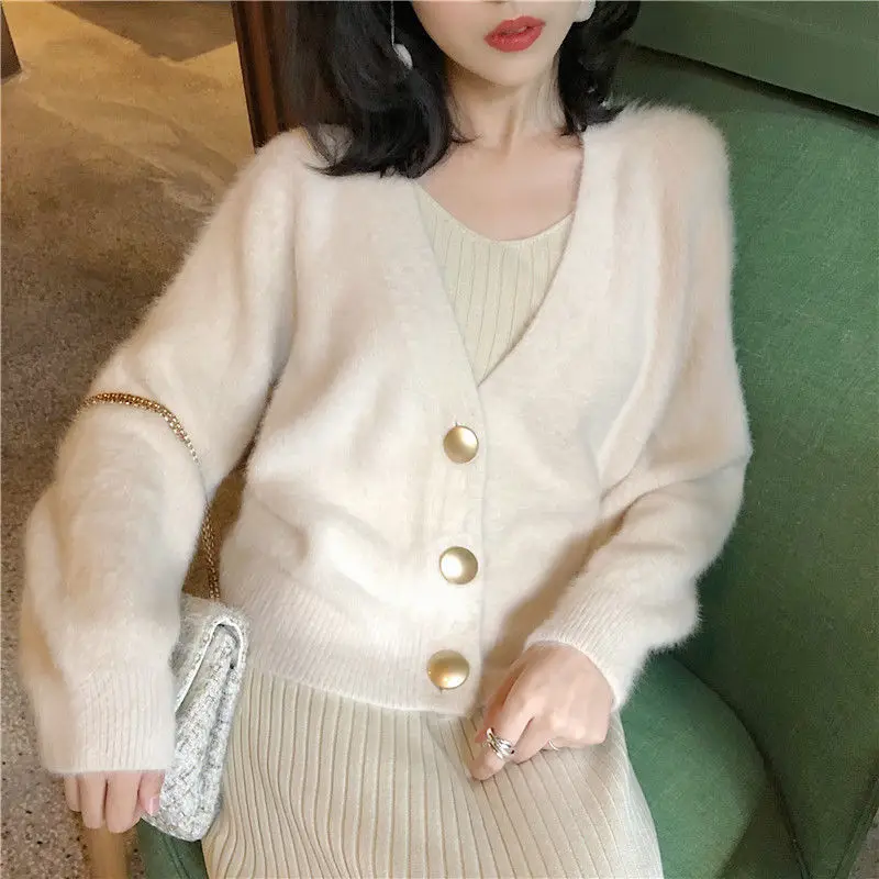 

Elegant Loose Women Knitted Cardigans Lantern Sleeve Mohair Sweater Jumpers 2020 Autumn Winter Female Cardigan Jacket