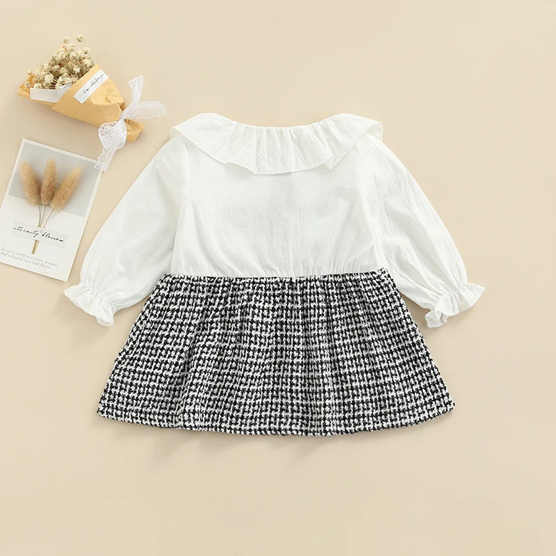 

0-24 Months Lovely Baby Girl Dress, Long Sleeve Buttoned Bow Knot Doll Collar Elastic Cuff Check Skirt Kids Clothing