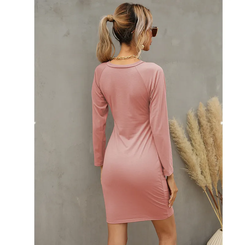 

Leosoxs Spring Autumn Sexy V Neck Long Sleeve Slim Women's Dress New Casual Solid Bodycon Simplicity Ladies Mini Dress Plus Size
