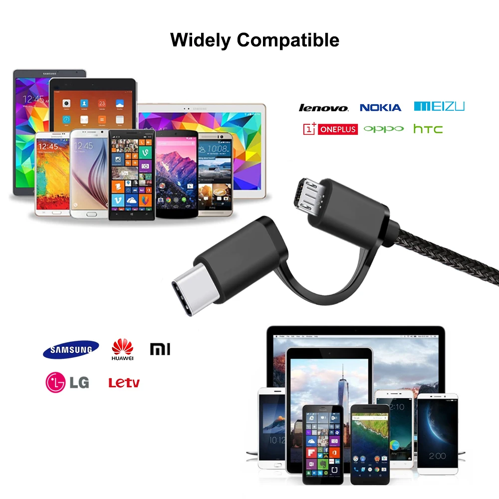 USB Type C Micro 2 IN 1 Fast Charge Cable For Xiaomi Huawei Samsung Nokia Sony Oukitel Mobile Phone Cables 0.5M 1M 2M 3M | Электроника