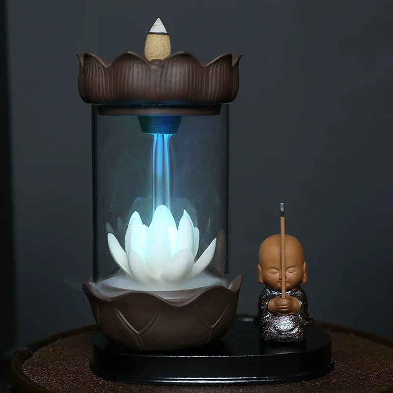 

Color Changing LED Light Windproof Waterfall Incense Burner Zen Peaceful Monk Lotus Incense Stick Holder Lucky Home Decoration