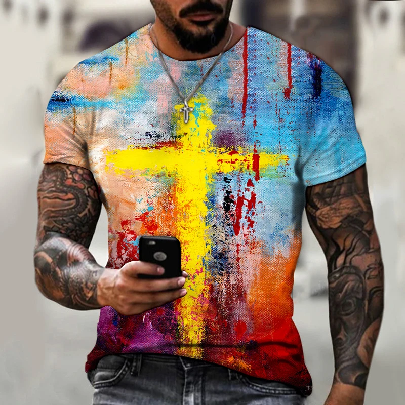 

t 2021 Youth Fashion Trend Short Sleeved Men Summer Thin Bird Eye Mesh 3d Splash Ink Printing Top Casual Round Neck T-Shir