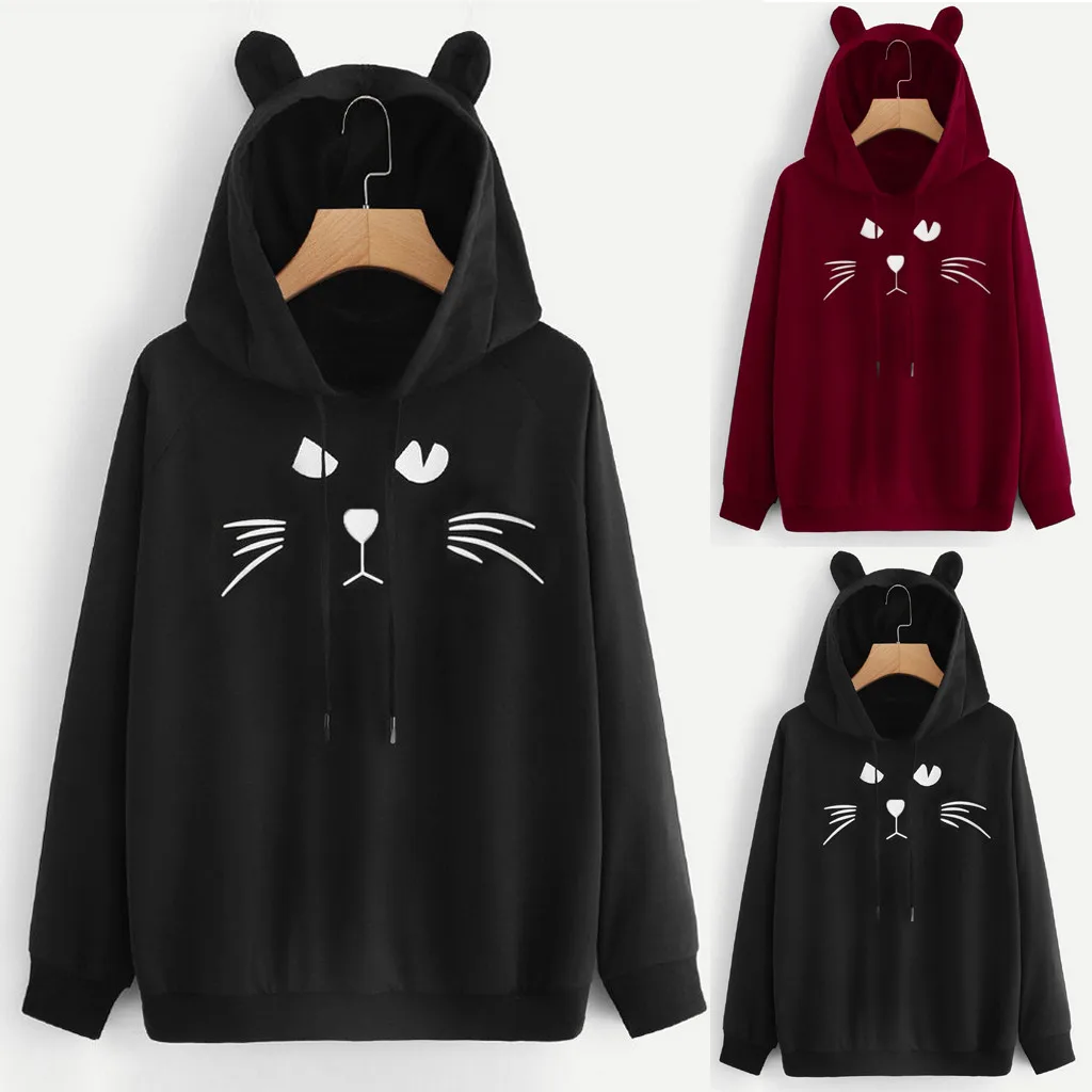 Женская толстовка Осенняя с принтом кошачьих ушек Повседневный пуловер