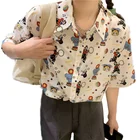 Женская винтажная блузка с принтом клоуна, летняя рубашка с отложным воротником и рукавом до локтя, блузки на пуговицах для девочек-подростков, 2021