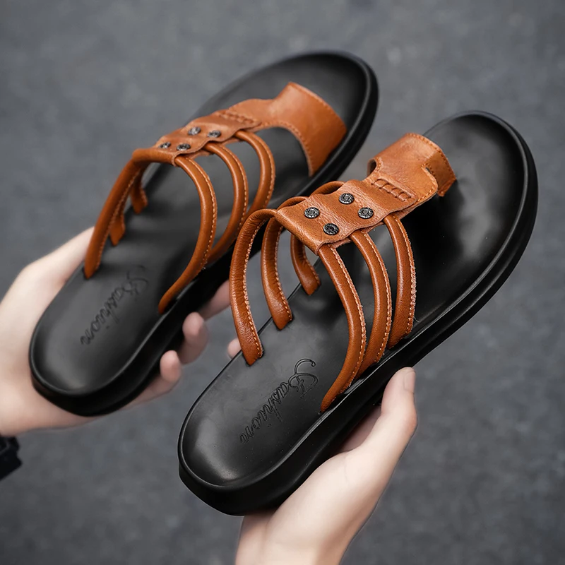 

Sandalias Hombre Summer Sandals Men Geta Gladiator Leather Mens Sandles Hollow Breathable Beach Sandalhas Masculina