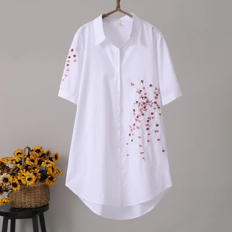 

Большие женские рубашки с вышитыми цветами 2021, летние новые свободные длинные женские рубашки с v-образным вырезом и отложным воротником с к...