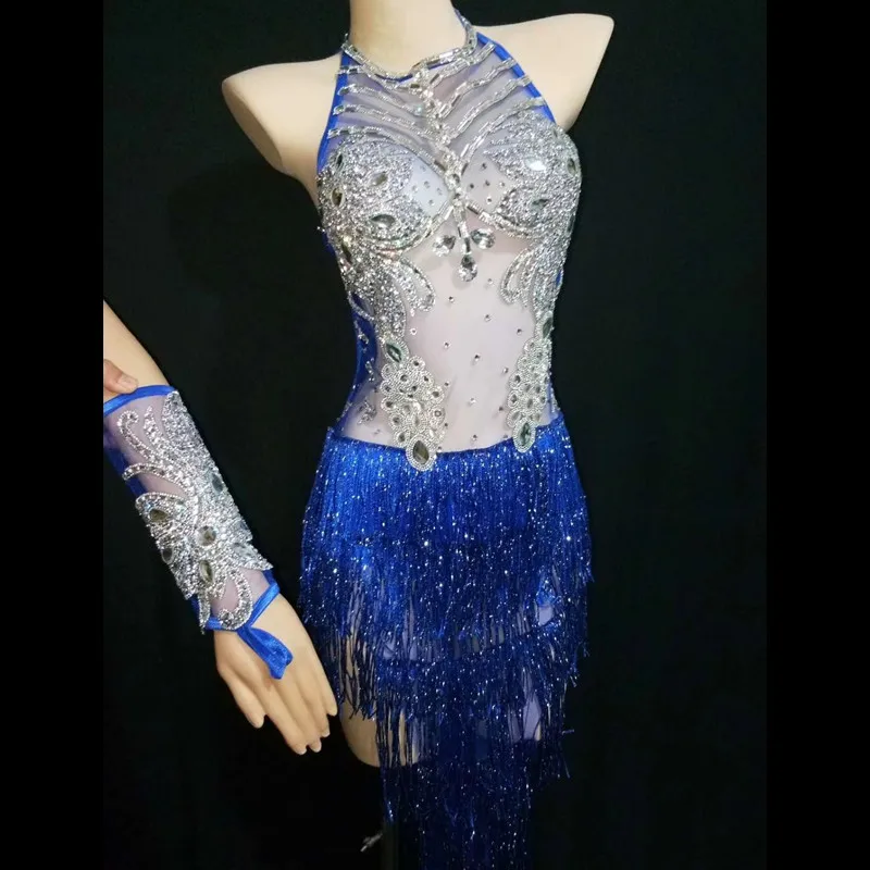 

Sexy Blue See Through Crystal Latin Dance Dress Backless Tassel Bodysuits Women Jazz Singer Stage Wear Nightclub DJ Dance Outfit