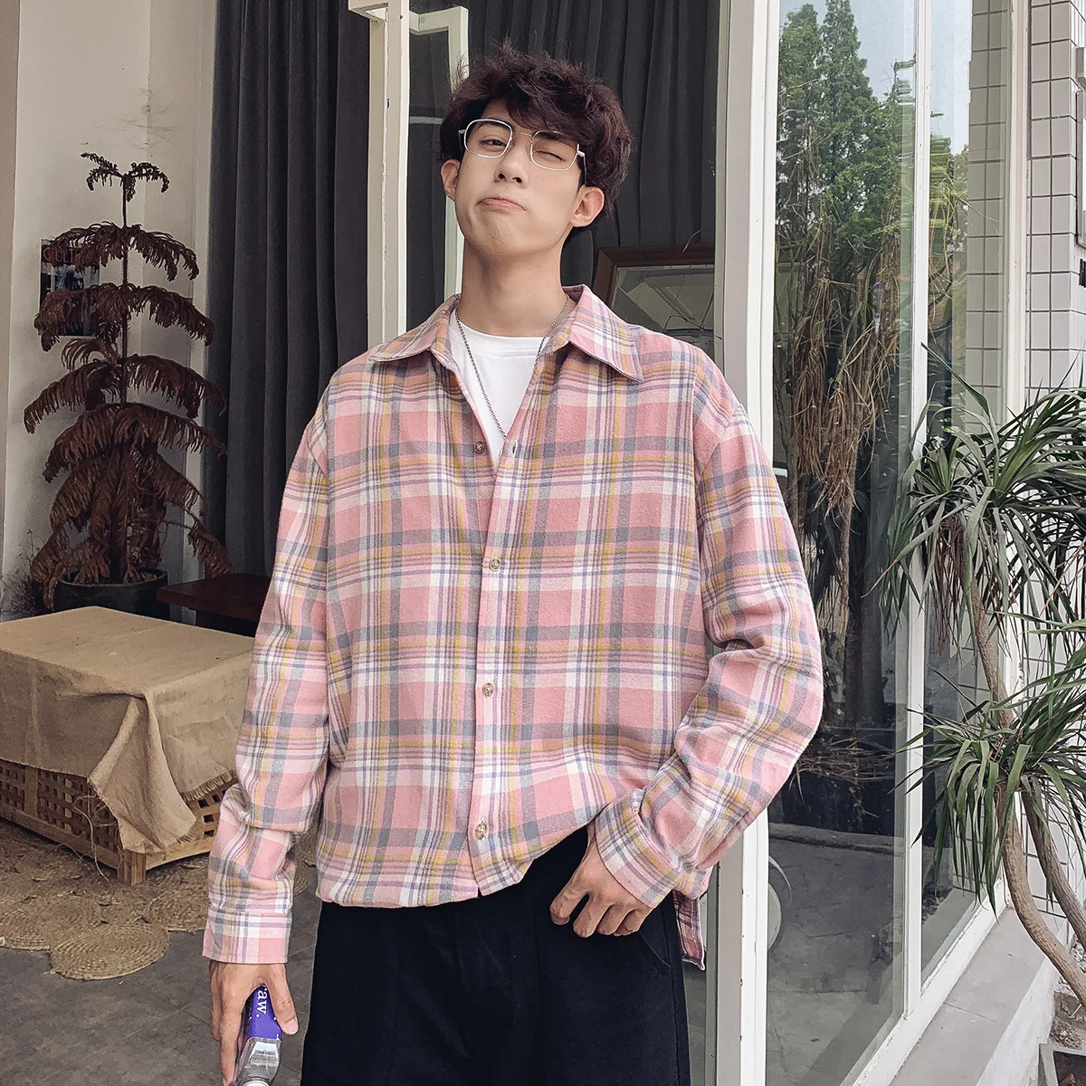 

C700 Spring Summer Men's Plaid Shirts Literature Fresh Chic Classic Loose Couple Youth Square Collar Long Sleeve Cotton Blouses