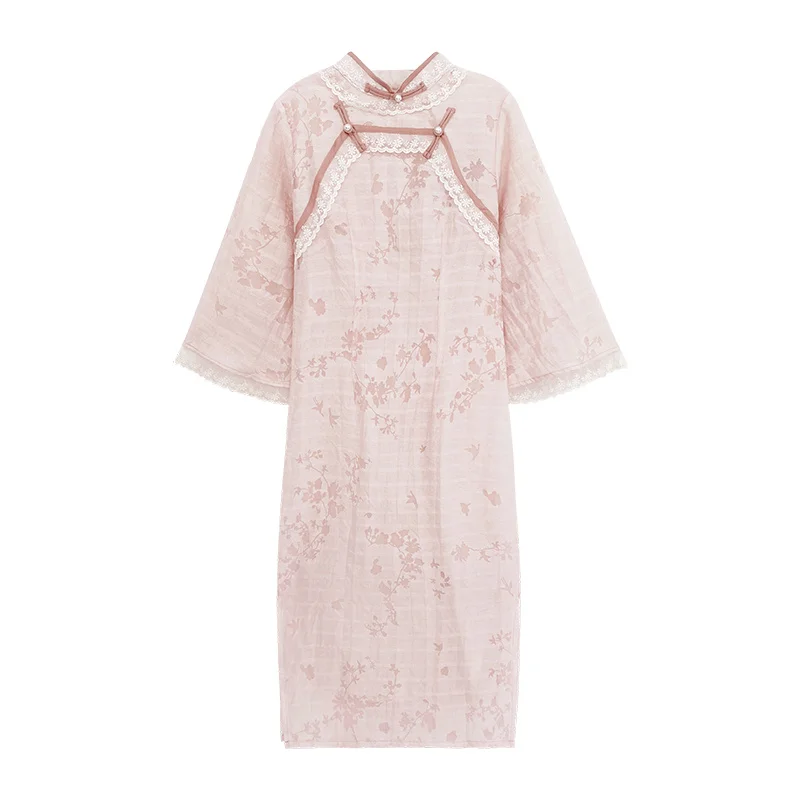 

Gentle Cheongsams Chinese Retro Elegant Style Pearl Disc Button Stand Collar Loose Lace Sleeve Floral Print Thin Chiffon Dresses