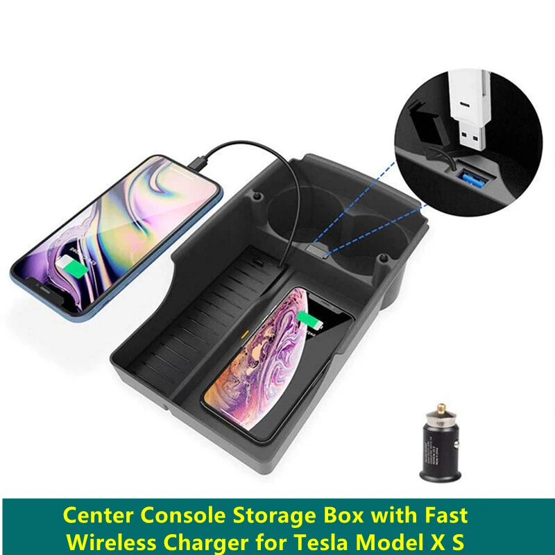 

Wireless Charger Armrest Center Console Organizer Storage Box+Cup Holder with Fast for Tesla Model X S 2017-2019 Accessories
