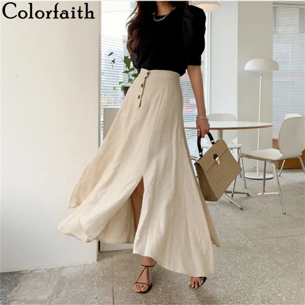 Colorfaith-faldas largas de algodón y lino para mujer, faldas con botones de cintura elástica, Estilo Vintage, elegante e Irregular, para primavera y verano, 2022, SK8560