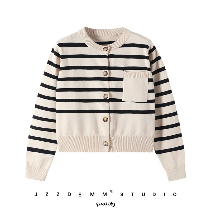 

Waist-Tight Horizontal Striped Sweater Cardigan for Women Spring and Autumn New High Waist Short Chic Dignified Sense of Design