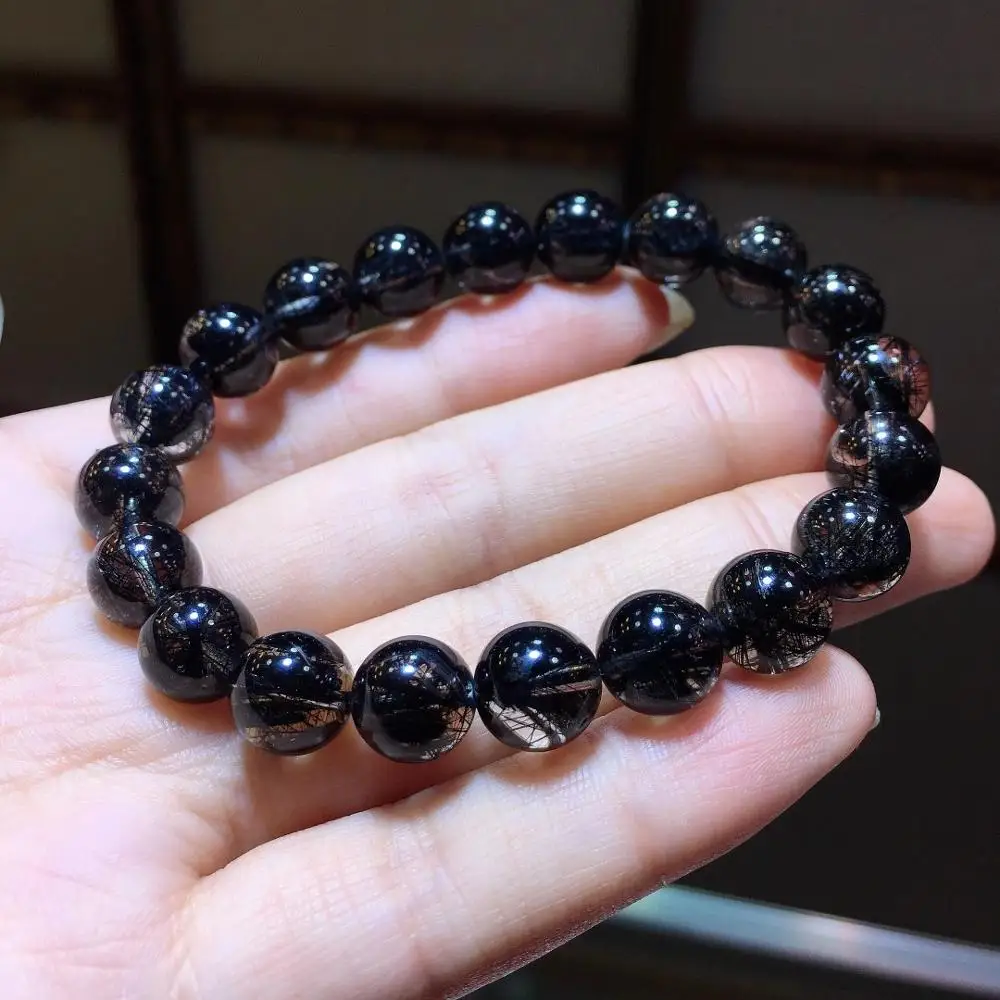 9 7 мм натуральный черный Рутиловый Кварц Браслет с кристаллами для женщин мужчин